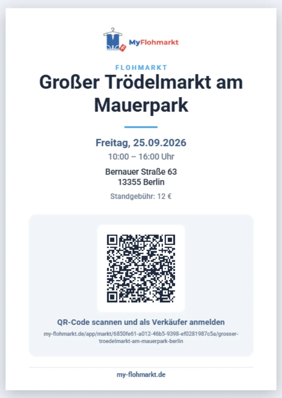 Das erzeugte A4-Plakat mit Titel, Datum, Adresse, Standgebühr, QR-Code und Link